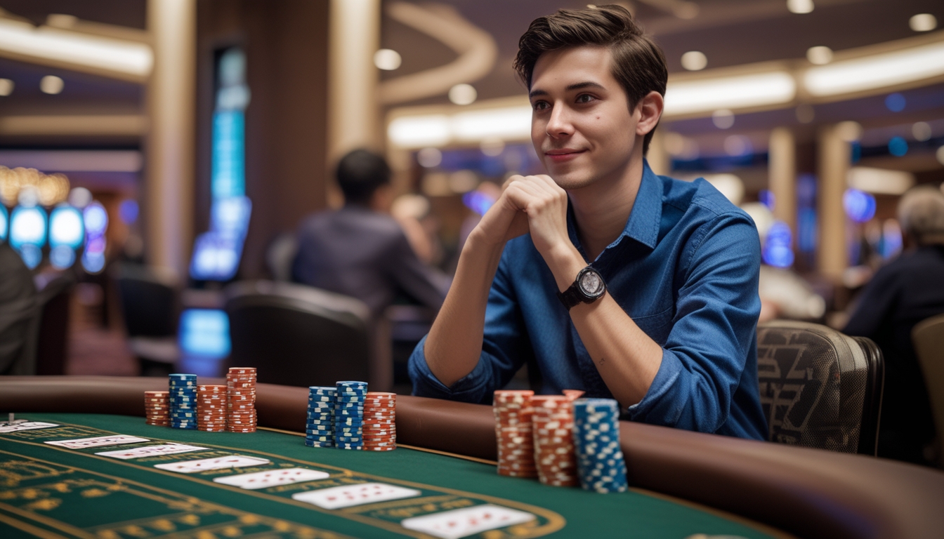 Seorang pemula bermain blackjack di meja kasino dengan kartu dan chip poker di depan mereka.
