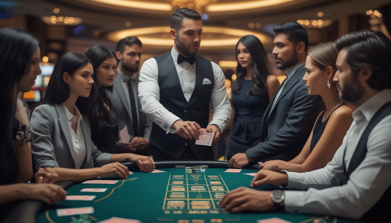 Seorang dealer dan beberapa pemain duduk di meja blackjack hijau di kasino dengan pencahayaan hangat dan suasana mewah.