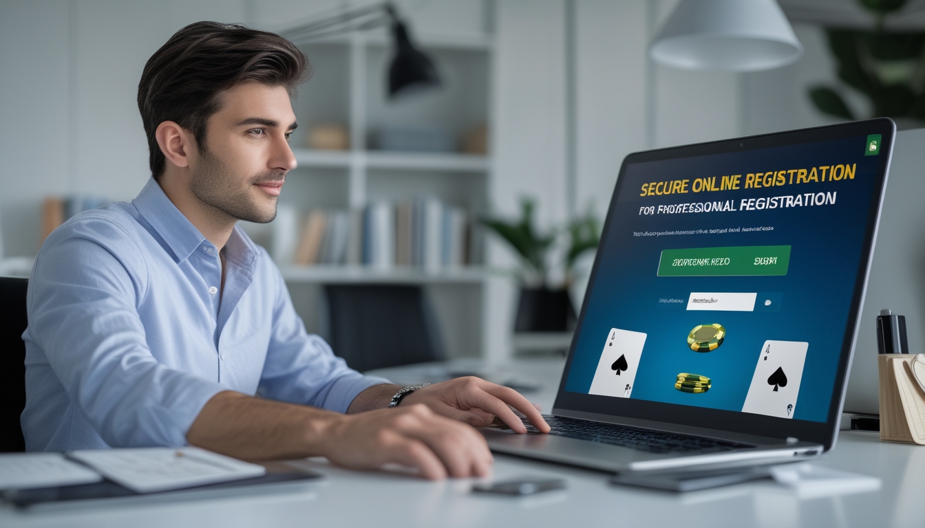 Seorang pria muda duduk di meja dengan laptop, fokus mendaftar blackjack online dengan aman di ruang kerja rumah.