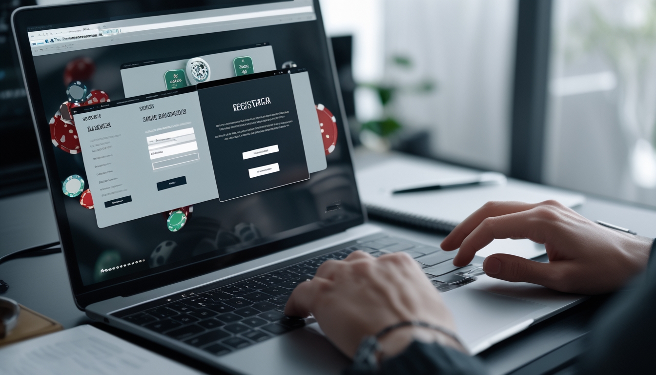 Seseorang sedang mengetik di laptop dengan layar menampilkan elemen permainan blackjack, di meja terdapat ponsel dan buku catatan.