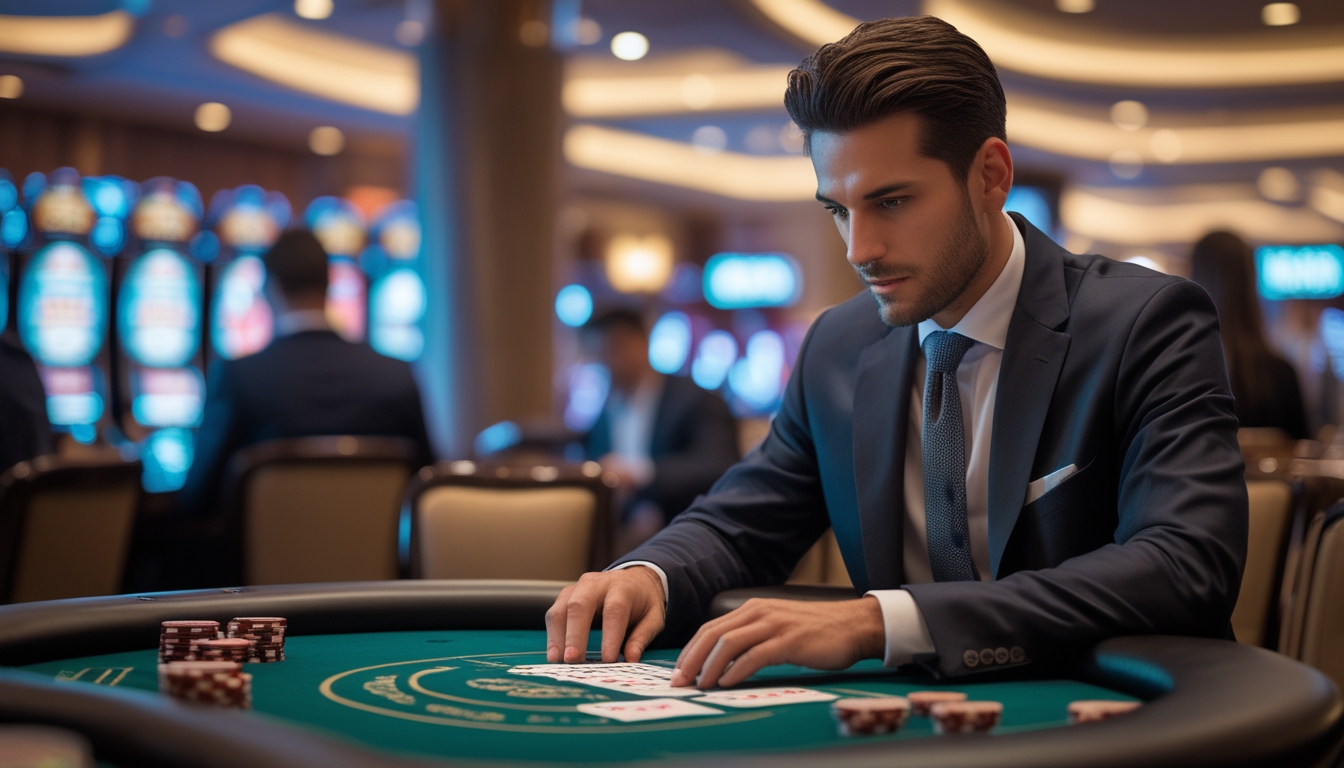 Seorang pemain blackjack berpengalaman duduk di meja kasino dengan kartu dan chip, fokus merencanakan langkah berikutnya.