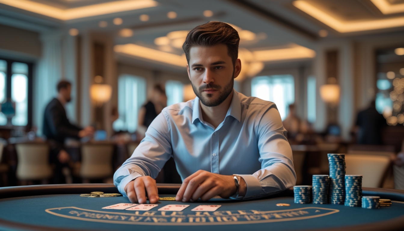 Seorang pemain blackjack berpengalaman duduk di meja kasino dengan kartu dan tumpukan chip, terlihat fokus dan berpikir strategis.