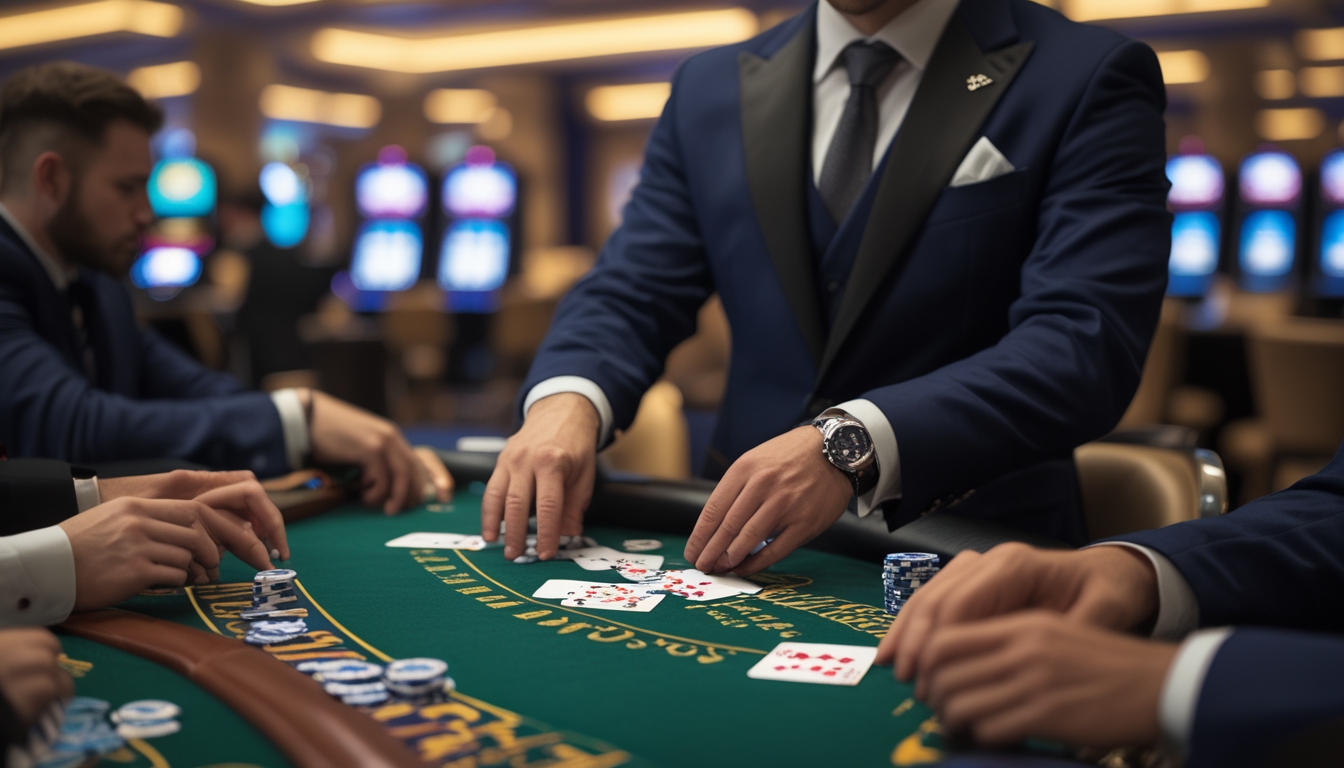 Seorang dealer dan beberapa pemain duduk di meja blackjack di kasino dengan kartu dan chip di atas meja.
