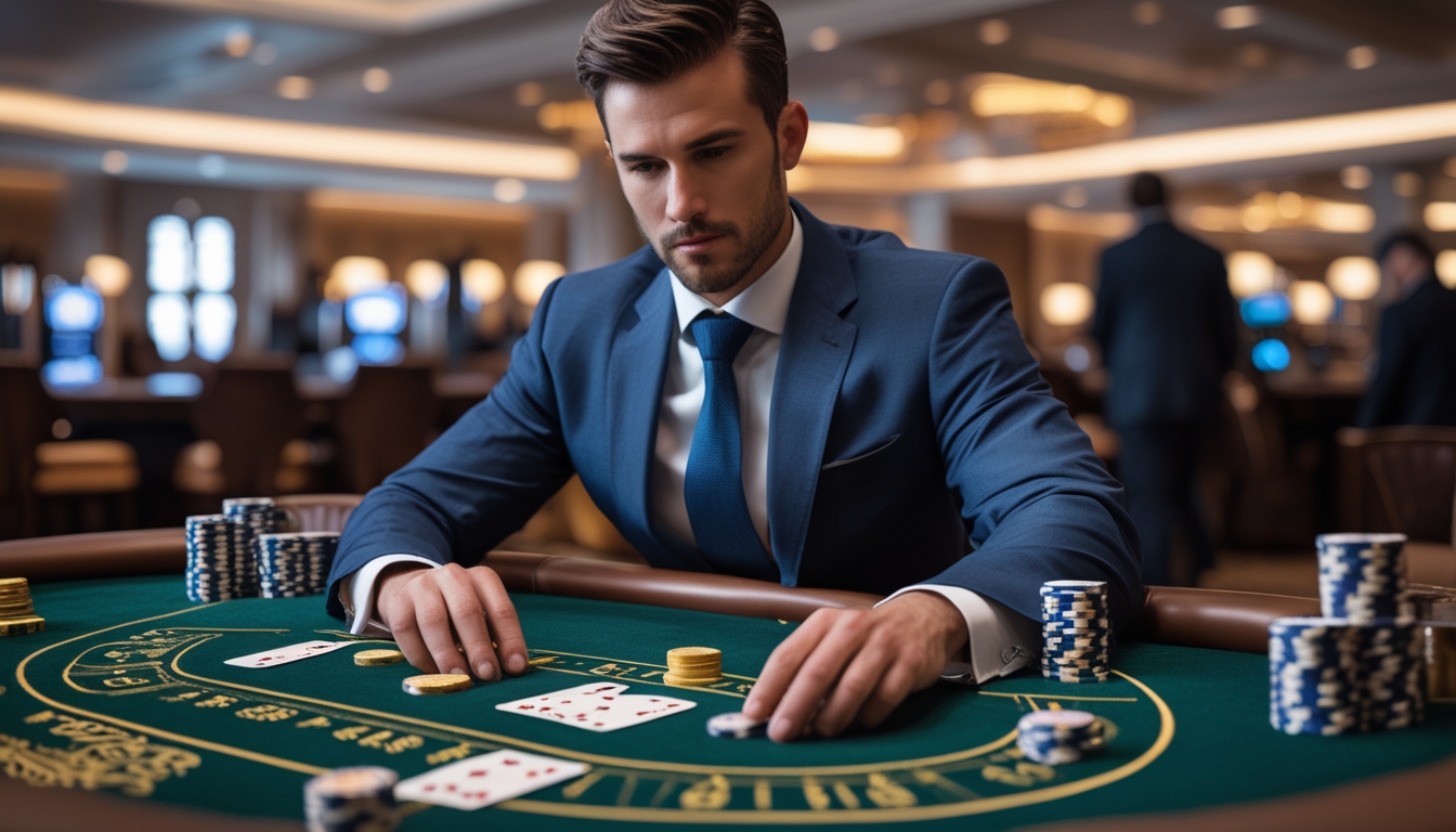 Seorang pria berpakaian rapi duduk di meja blackjack di kasino, sedang mengatur chip dan kartu dengan fokus.