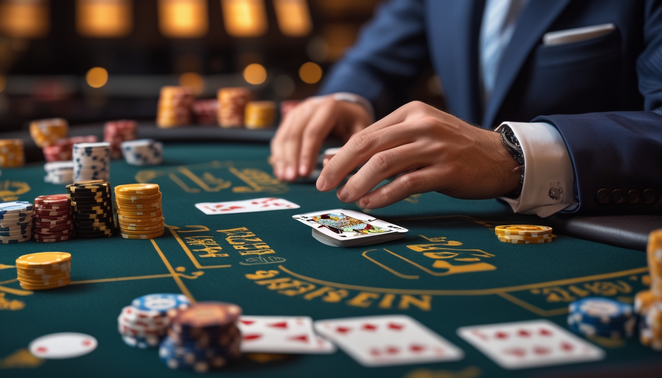 Seorang pemain di meja blackjack sedang mengatur chip dan kartu dengan fokus di dalam suasana kasino.
