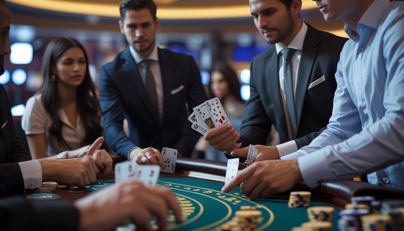 Beberapa orang bermain blackjack di meja kasino, satu pemain terlihat bingung sementara pemain lain memberikan saran.