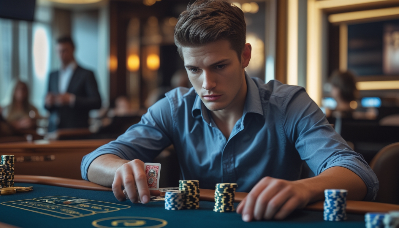 Seorang pria muda duduk di meja blackjack di kasino, sedang menganalisis kartu dan chip dengan serius.