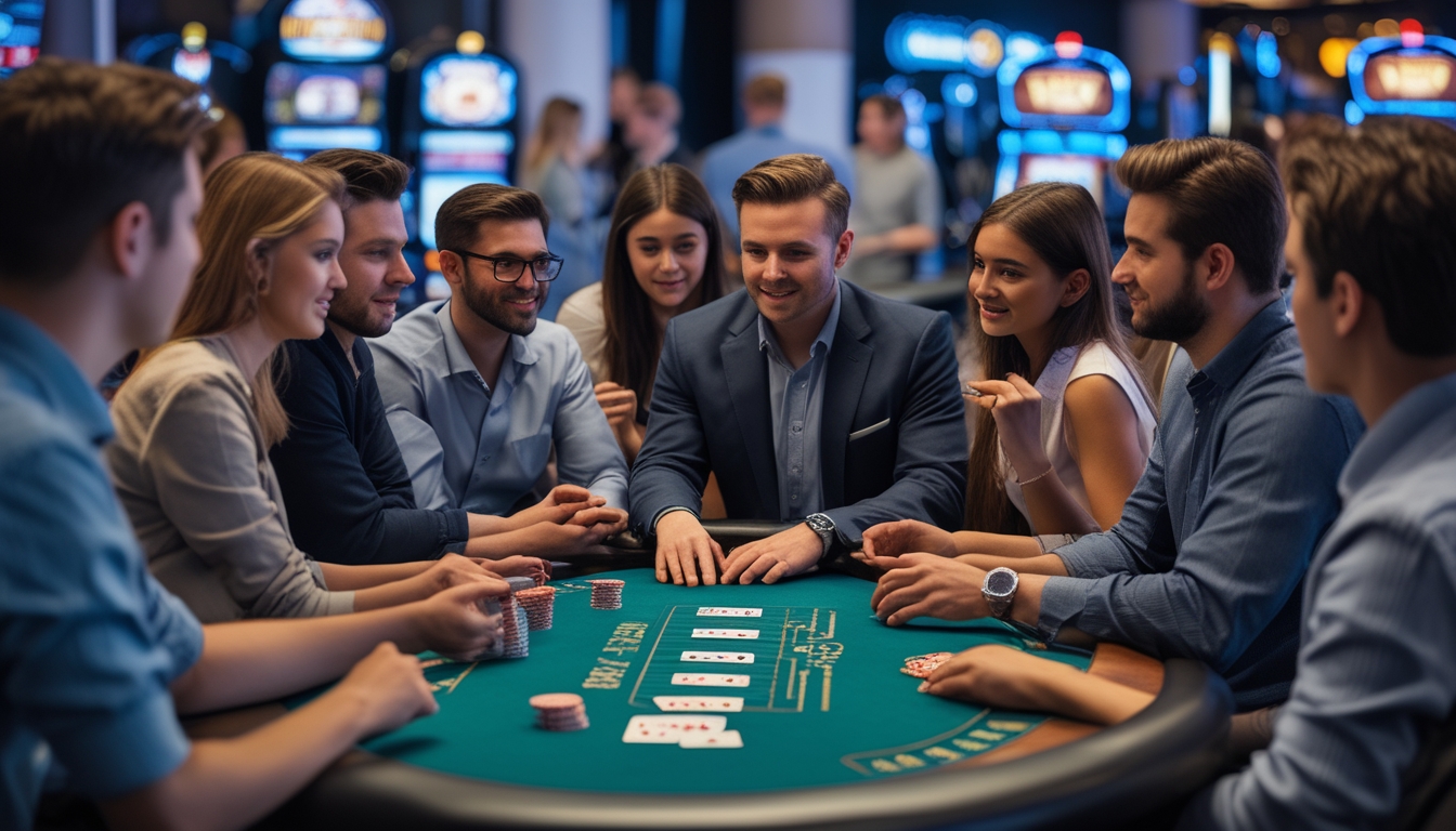 Sekelompok orang belajar bermain blackjack di meja kasino dengan dealer profesional yang menjelaskan permainan menggunakan kartu dan chip.