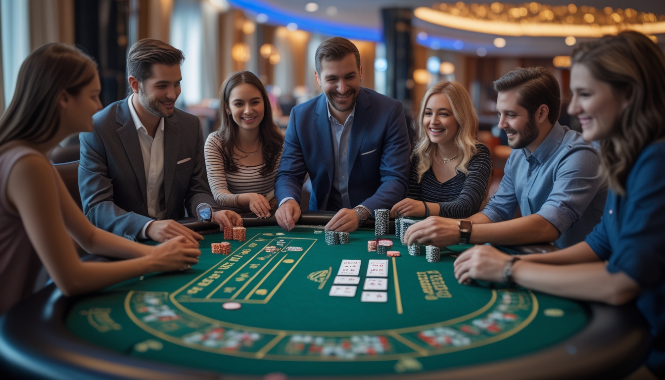 Beberapa orang belajar bermain blackjack di meja kasino dengan dealer yang ramah, suasana penuh perhatian dan antusiasme.