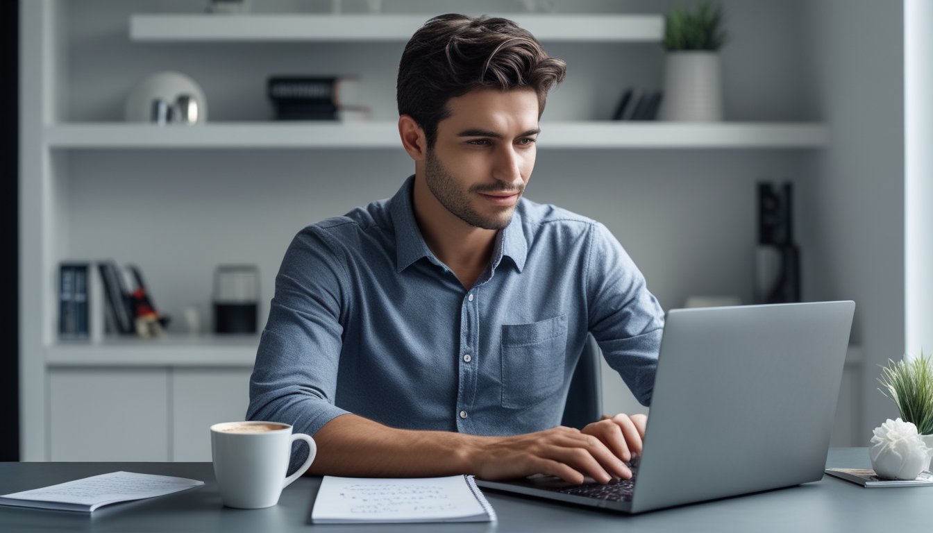 Seorang pria muda duduk di meja modern sambil meneliti di laptop tentang memilih platform terbaik sebelum mendaftar blackjack profesional.