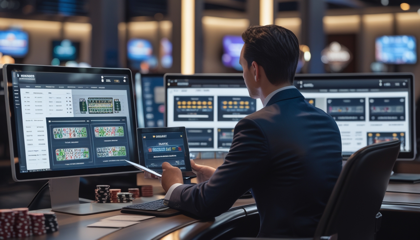 Seseorang duduk di depan beberapa monitor komputer yang menampilkan permainan blackjack dan grafik perbandingan platform, di lingkungan yang menyerupai kasino modern.