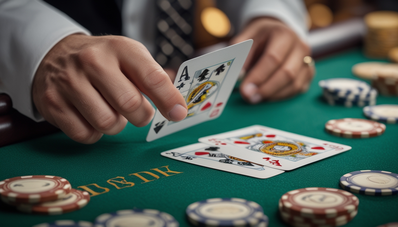 Tangan dealer memegang kartu blackjack di atas meja hijau dengan tumpukan chip di kasino.