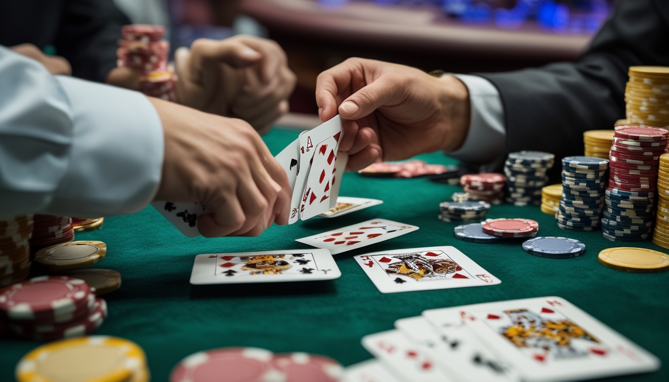 Tangan dealer membagikan kartu blackjack di meja kasino dengan tumpukan chip taruhan.