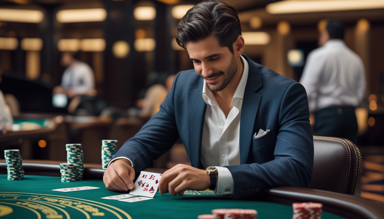 Seorang pria fokus duduk di meja blackjack di kasino dengan kartu dan tumpukan chip, menunjukkan suasana permainan yang serius dan profesional.