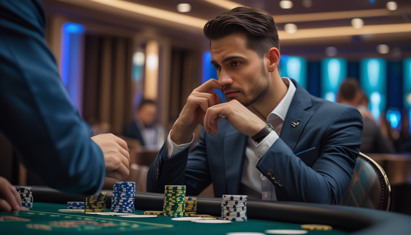 Seorang pria berpakaian rapi duduk di meja blackjack di kasino, fokus memperhatikan kartu dan chip di depannya.