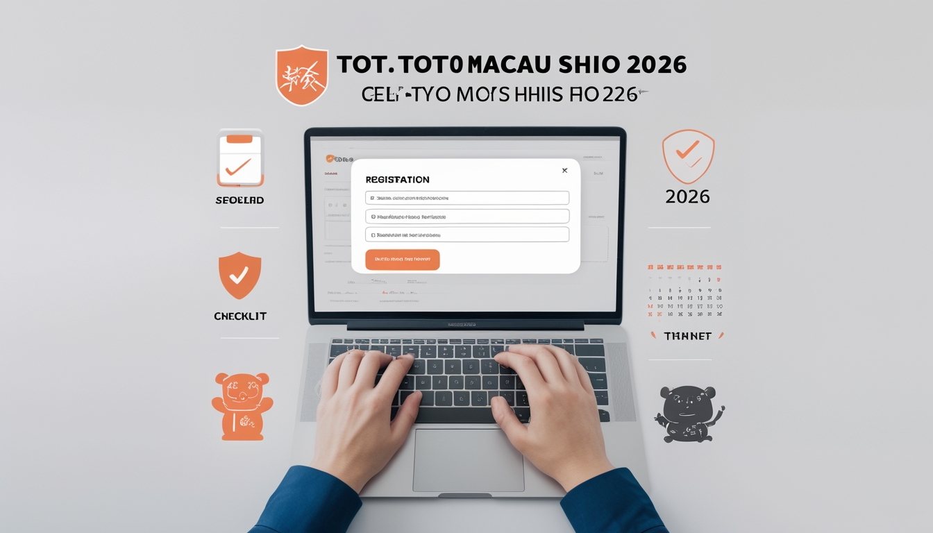 Seseorang mengetik di laptop dengan latar belakang elemen yang melambangkan keamanan dan kemudahan pendaftaran online untuk Toto Macau Shio 2026.