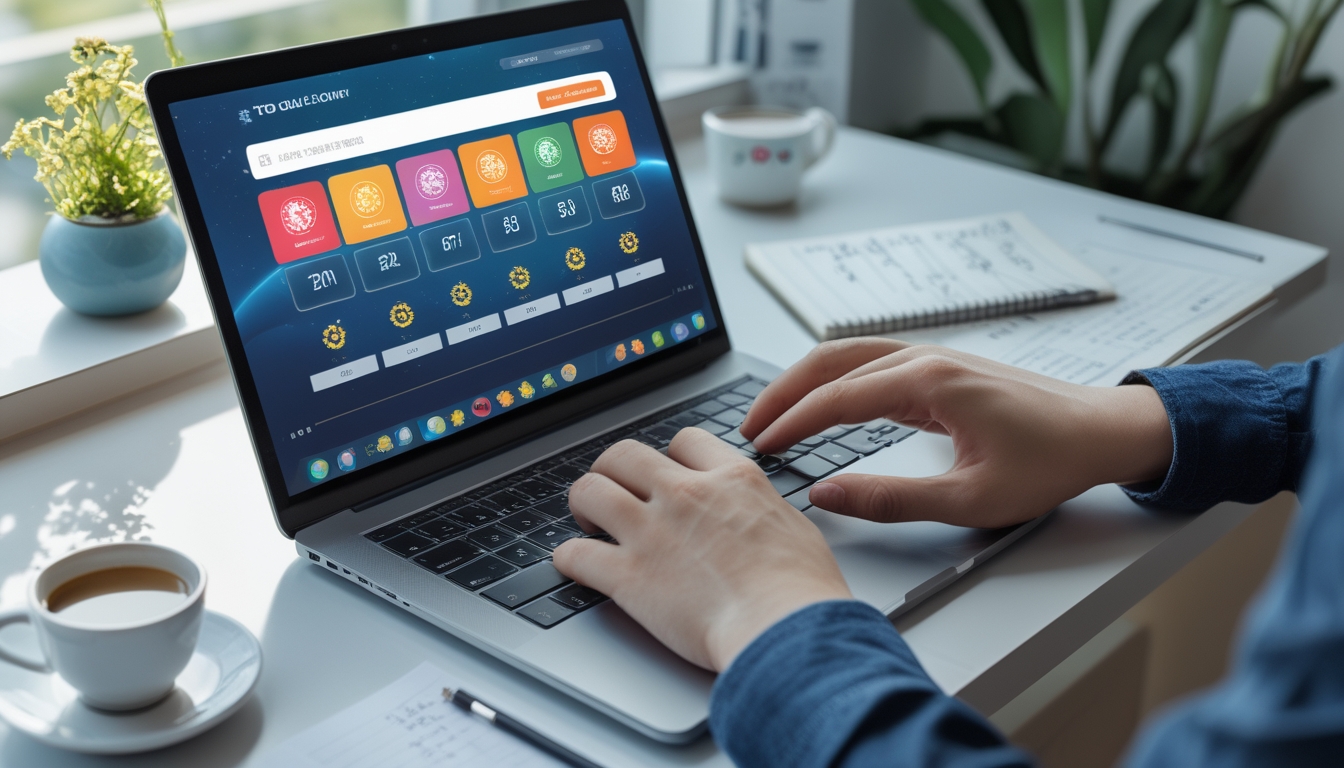 Meja kerja dengan laptop yang menampilkan situs lotere online, tangan seseorang sedang menggunakan laptop, dan smartphone di sampingnya.