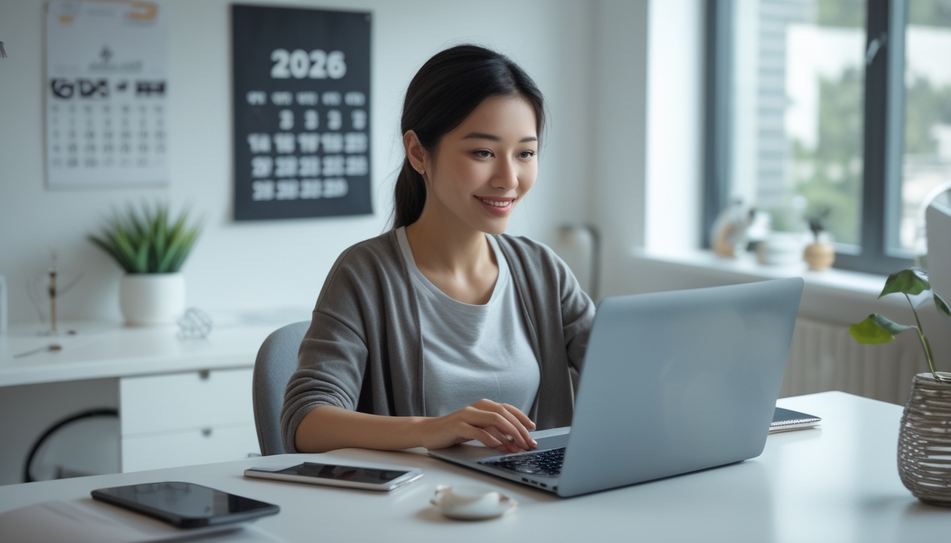 Seorang wanita muda duduk di meja dengan laptop di ruang kerja yang terang, terlihat fokus dan percaya diri saat mendaftar secara online.