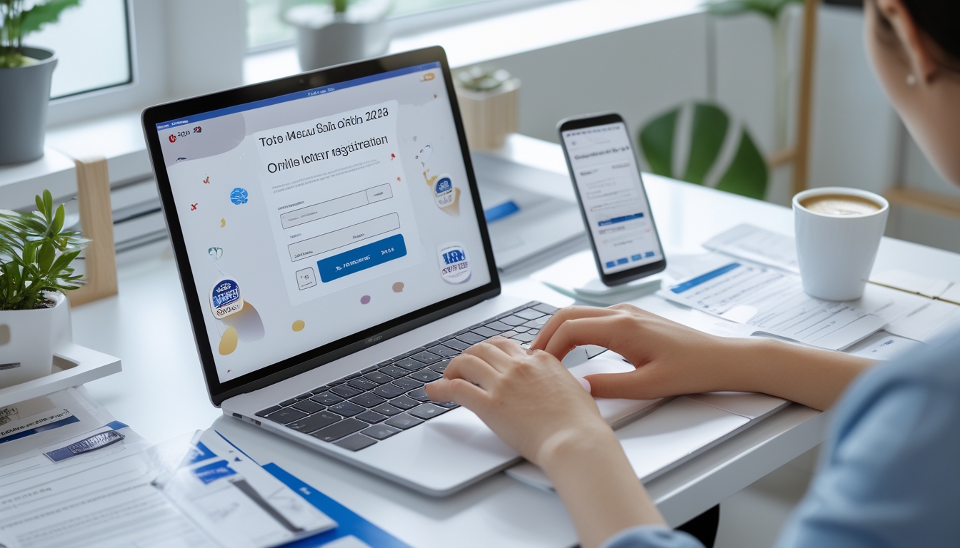 Seorang pria mengetik di laptop di meja kerja dengan dokumen dan smartphone di sekitarnya di dalam ruangan yang terang dan rapi.