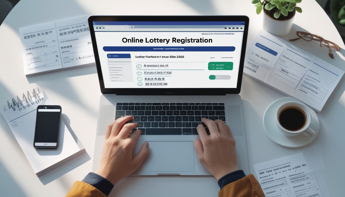Tangan seseorang mengetik di laptop dengan catatan dan ponsel di meja, menunjukkan proses pendaftaran online.