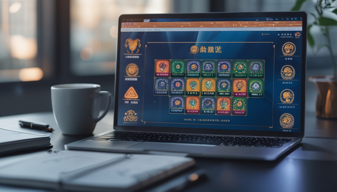 Seseorang menggunakan laptop di meja kerja dengan layar menampilkan ikon hewan shio, dikelilingi oleh kopi dan buku catatan.