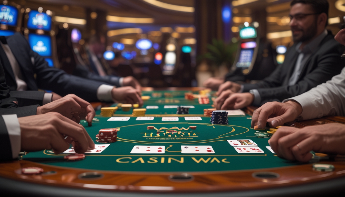 Meja kasino dengan kartu remi, chip poker, dan tangan pemain yang sedang bermain permainan kartu di suasana kasino.