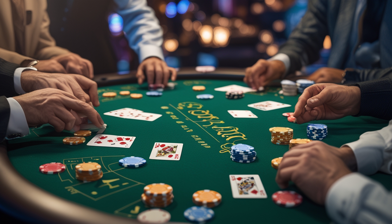 Meja kasino dengan kartu dan chip poker, tangan pemain sedang bermain permainan Casino War Poker6 dan Mini Poker.
