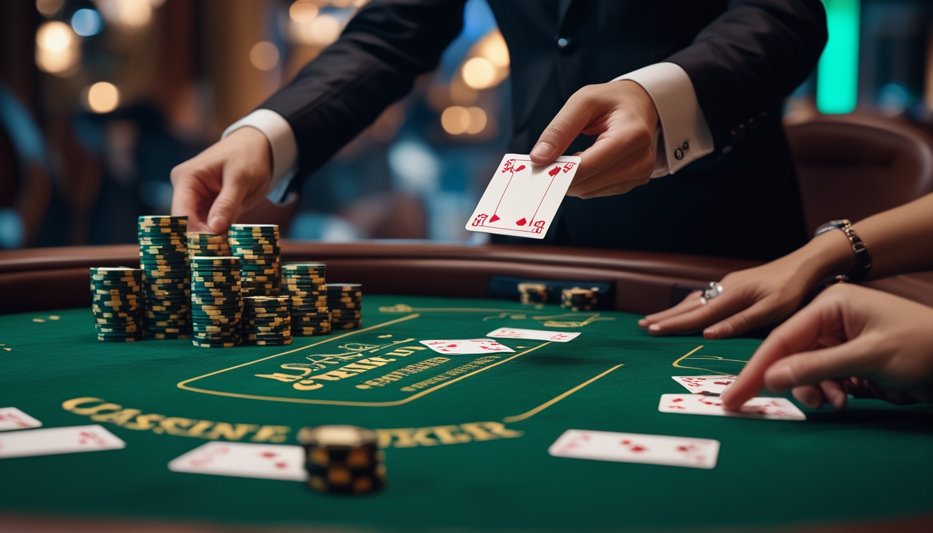 Meja poker di kasino dengan dealer membagikan kartu dan tumpukan chip, pemain fokus bermain.
