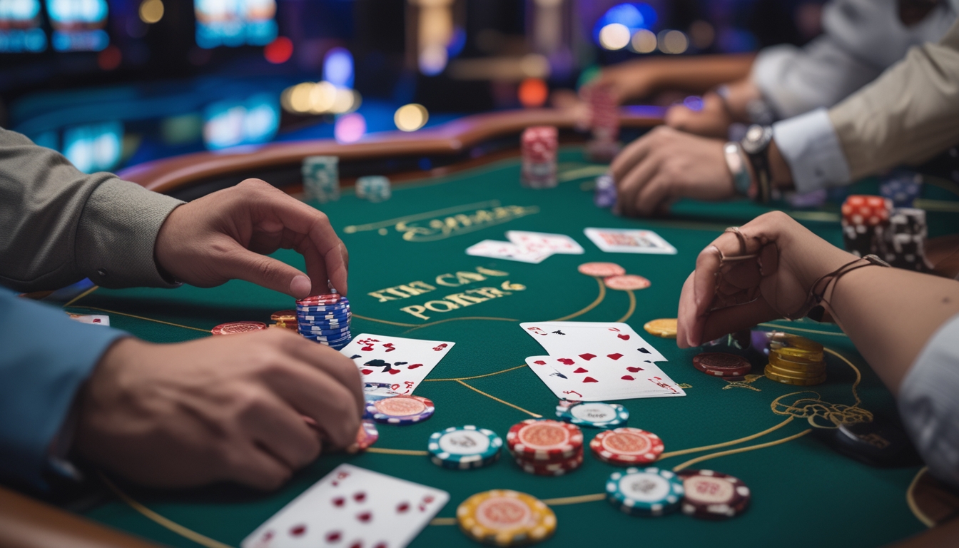Meja kasino dengan kartu remi dan chip poker, tangan pemain sedang bermain kartu di suasana kasino.