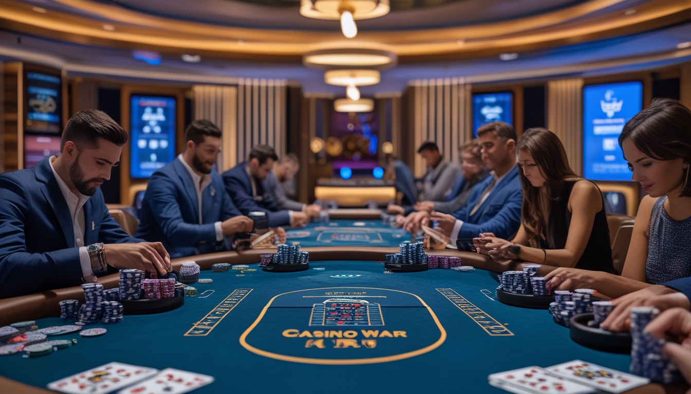 Suasana dalam kasino modern dengan meja poker dan pemain sedang bermain permainan kartu dengan pengamanan tinggi.