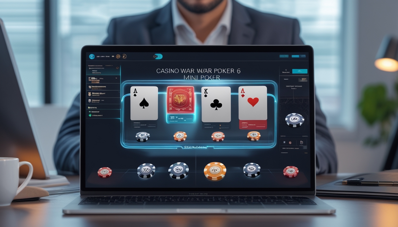 Seseorang menggunakan perangkat digital menampilkan permainan poker dengan suasana ruang kerja modern yang terang dan rapi.