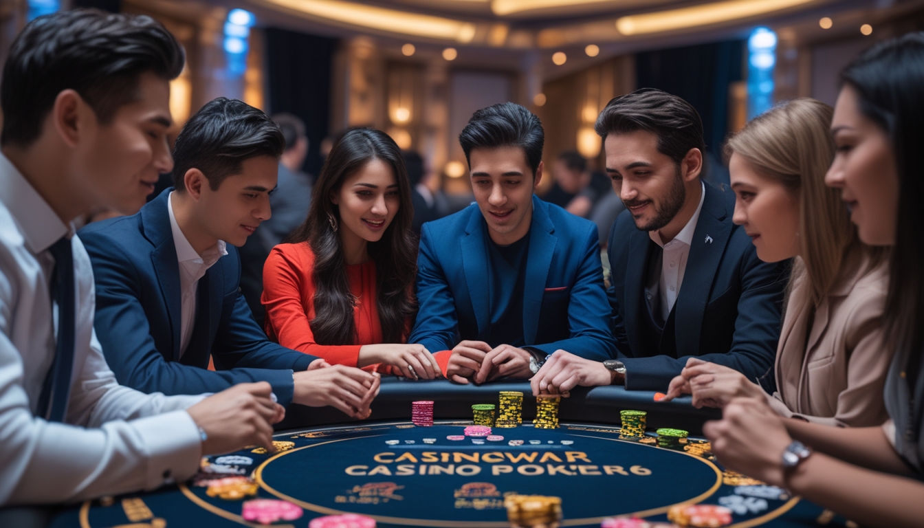 Beberapa orang sedang bermain poker di meja kasino dengan kartu dan chip poker, tampak serius dan fokus.