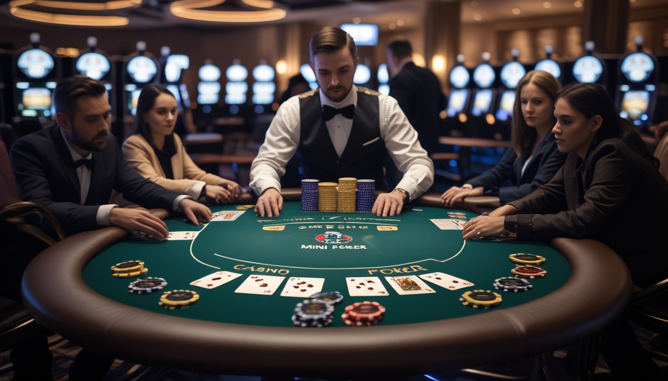Seorang dealer dan beberapa pemain sedang bermain poker di meja kasino dengan kartu dan chip taruhan.
