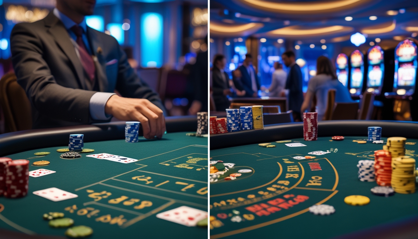 Suasana kasino dengan dua meja poker berbeda, satu meja Casino War Poker dan satu meja Mini Poker, dengan kartu dan chip tertata rapi serta pemain yang mengamati permainan.