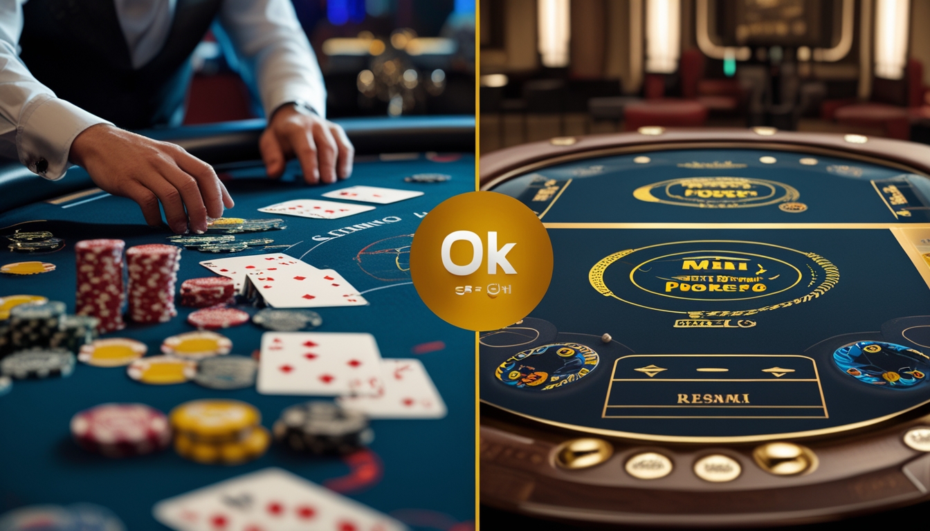 Suasana kasino dengan dua meja poker berbeda, satu dengan kartu dan chip tradisional, dan satu lagi dengan antarmuka digital modern.