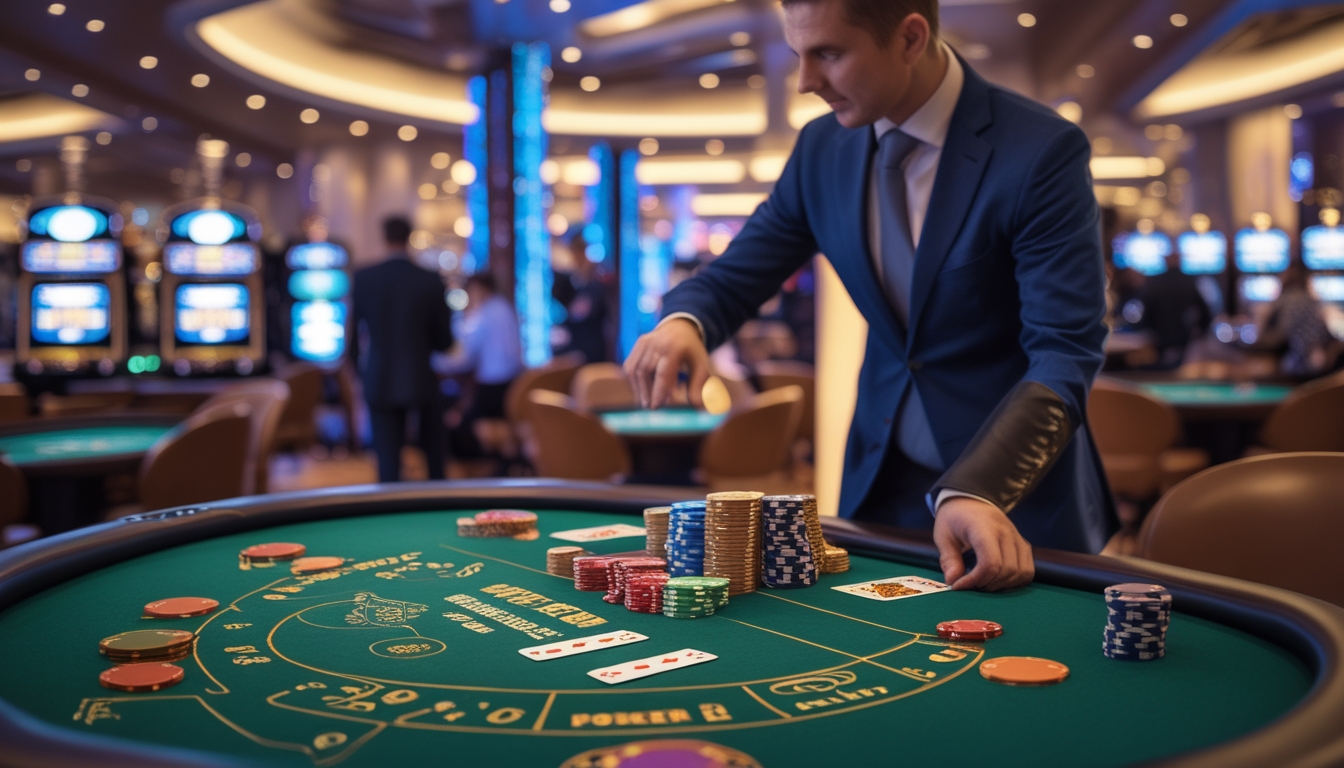 Meja permainan kasino dengan dealer dan kartu poker, suasana kasino yang ramai dan elegan.