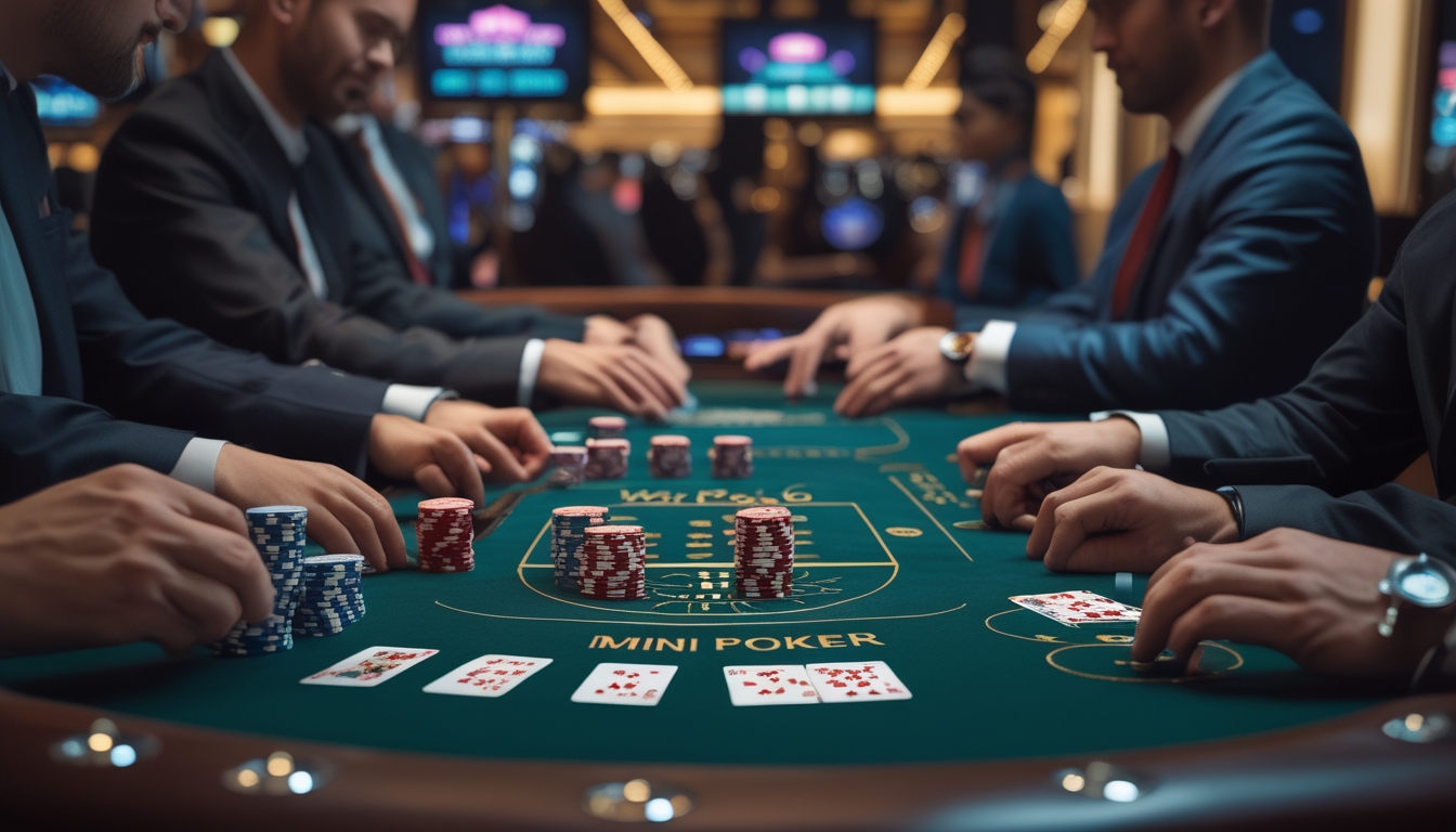 Meja kasino dengan chip poker dan kartu yang sedang dimainkan dalam suasana kasino yang elegan dan terang.
