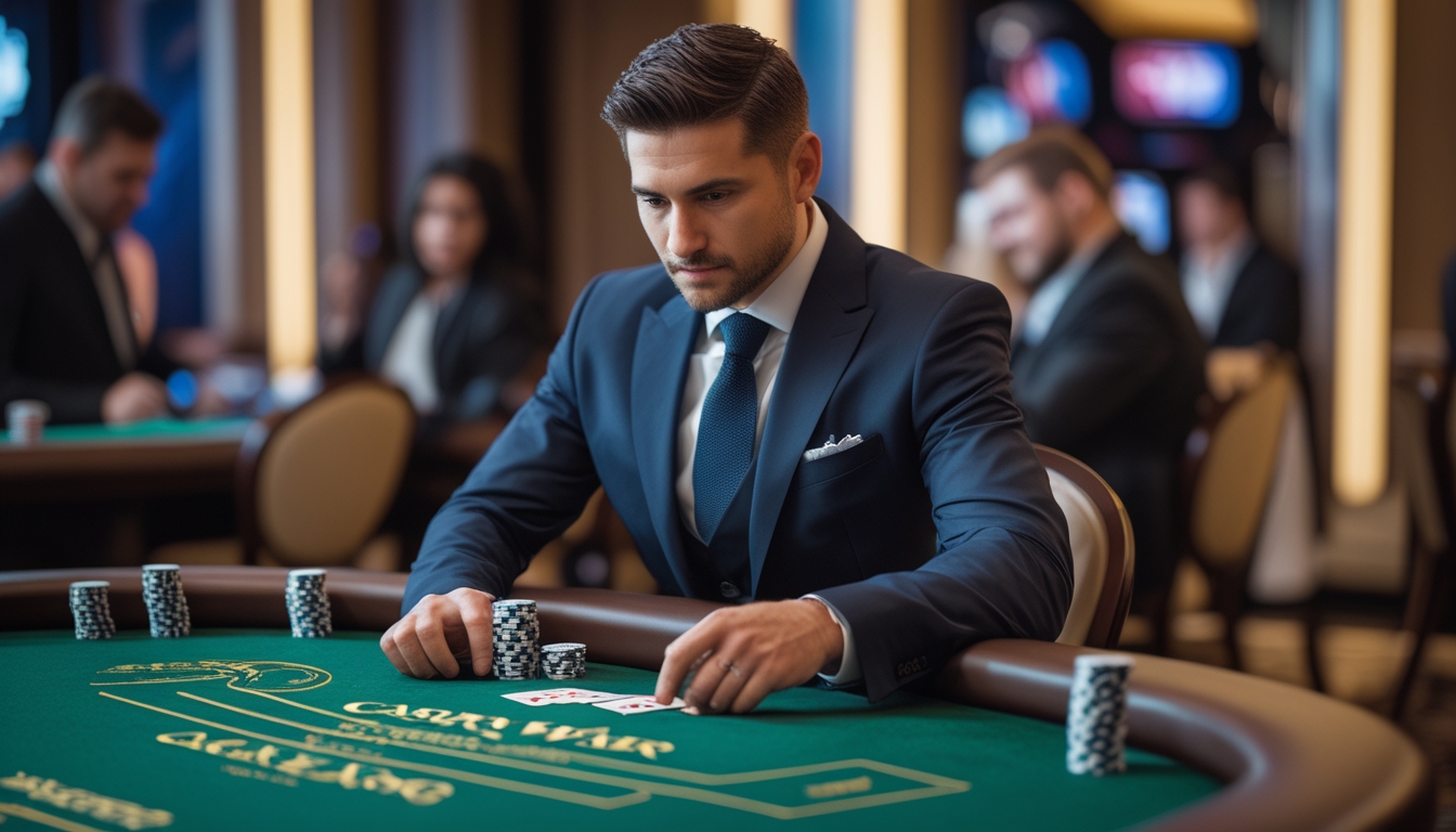 Seorang pemain poker profesional duduk di meja kasino dengan kartu dan chip poker, terlihat fokus dan serius.