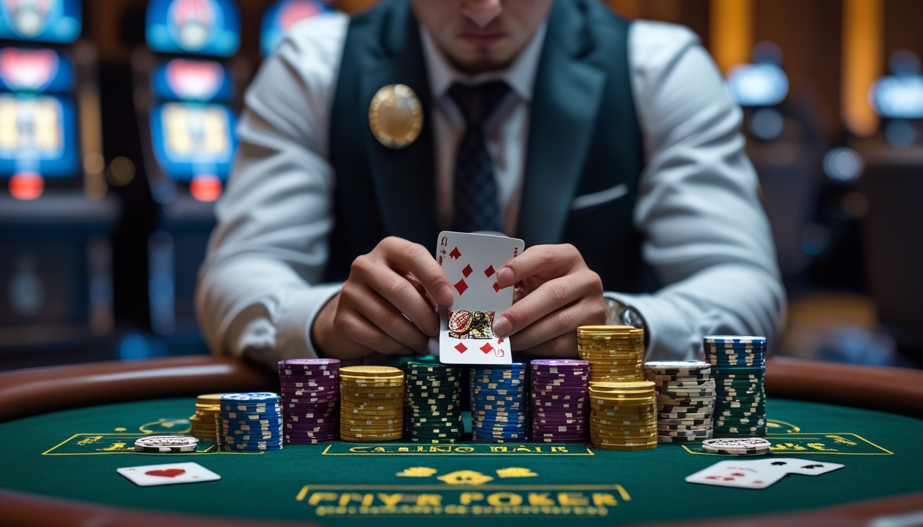 Seorang pemain profesional sedang bermain poker di meja kasino dengan kartu dan tumpukan chip.
