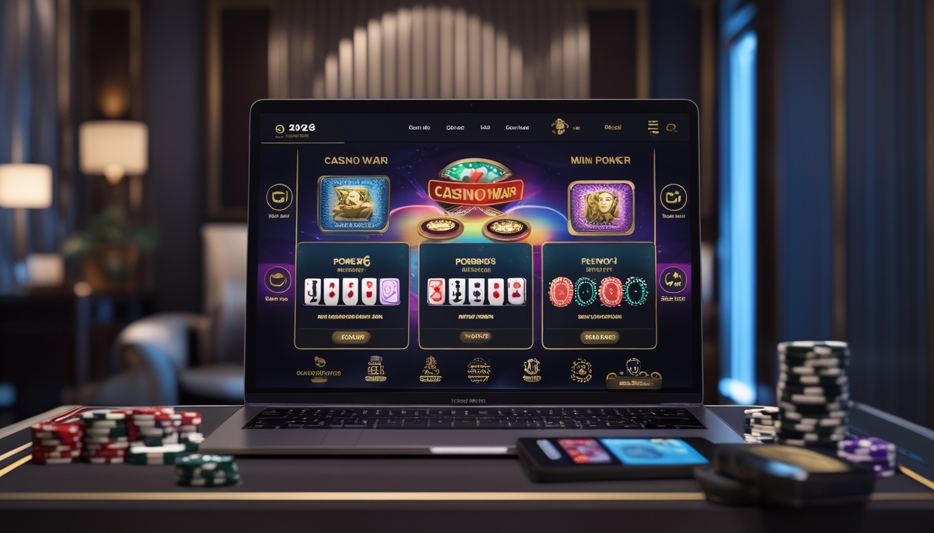 Seseorang bermain permainan kasino online dengan laptop, kartu remi, dan chip poker di meja dalam ruangan yang nyaman dan gelap.