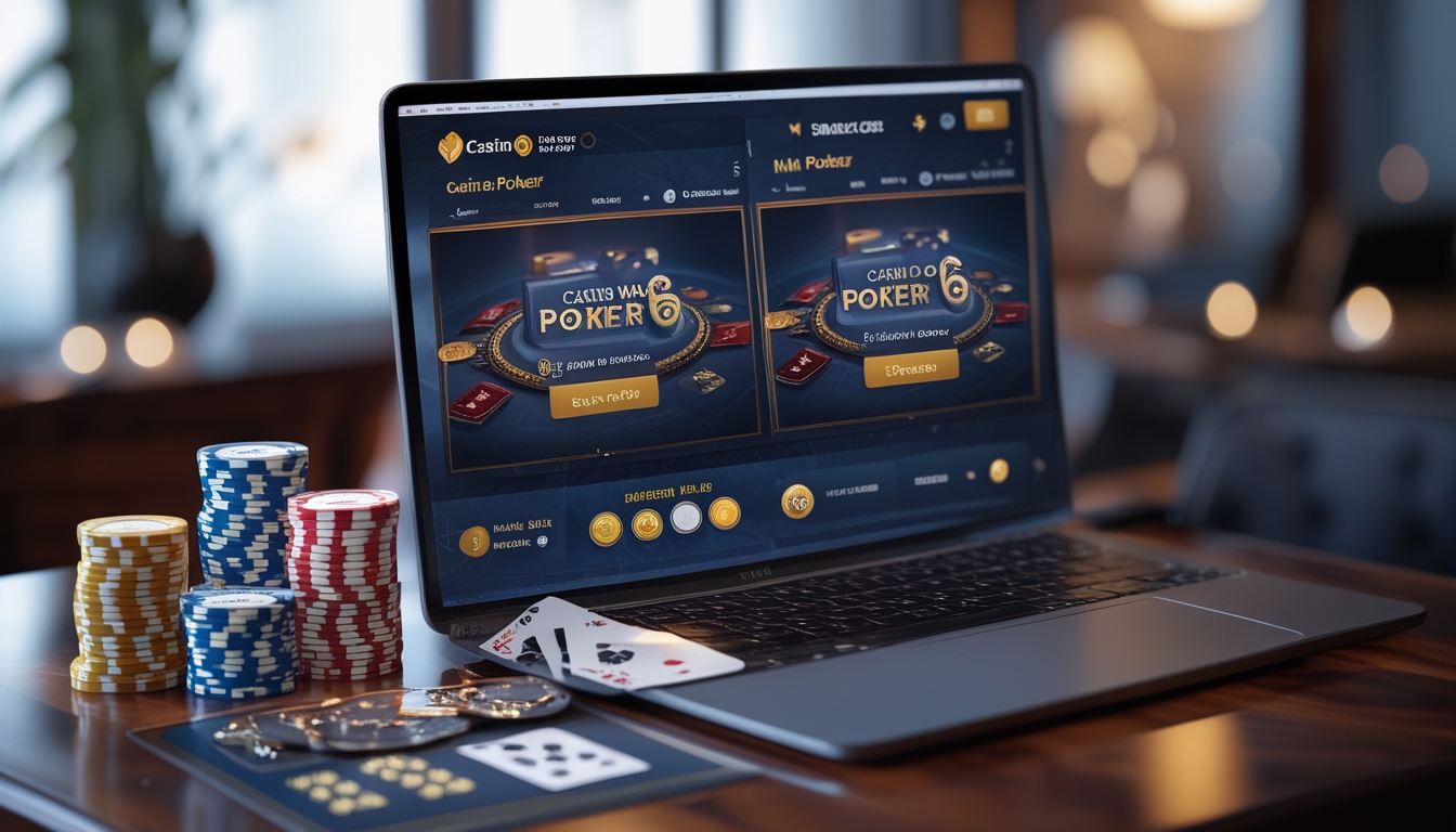 Sebuah meja dengan komputer menampilkan permainan Casino War Poker6 dan Mini Poker resmi secara online, dikelilingi oleh chip poker dan kartu remi.