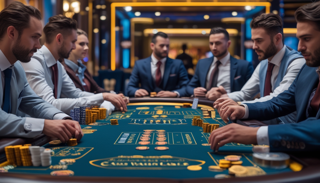 Beberapa pemain berpakaian rapi sedang bermain di meja poker di dalam kasino dengan suasana yang elegan dan pencahayaan yang hangat.