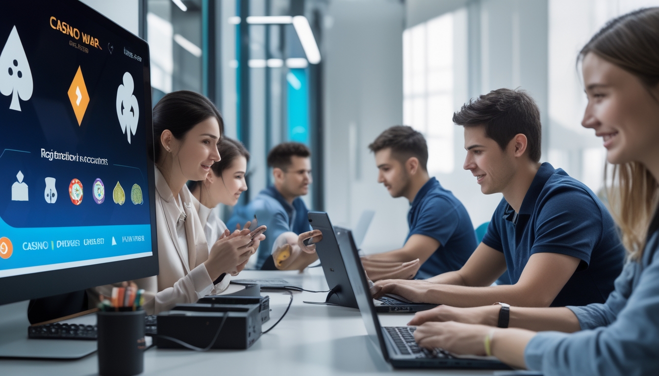 Beberapa orang muda sedang menggunakan laptop dan ponsel untuk mendaftar dan memverifikasi akun permainan kasino online di sebuah kantor modern.