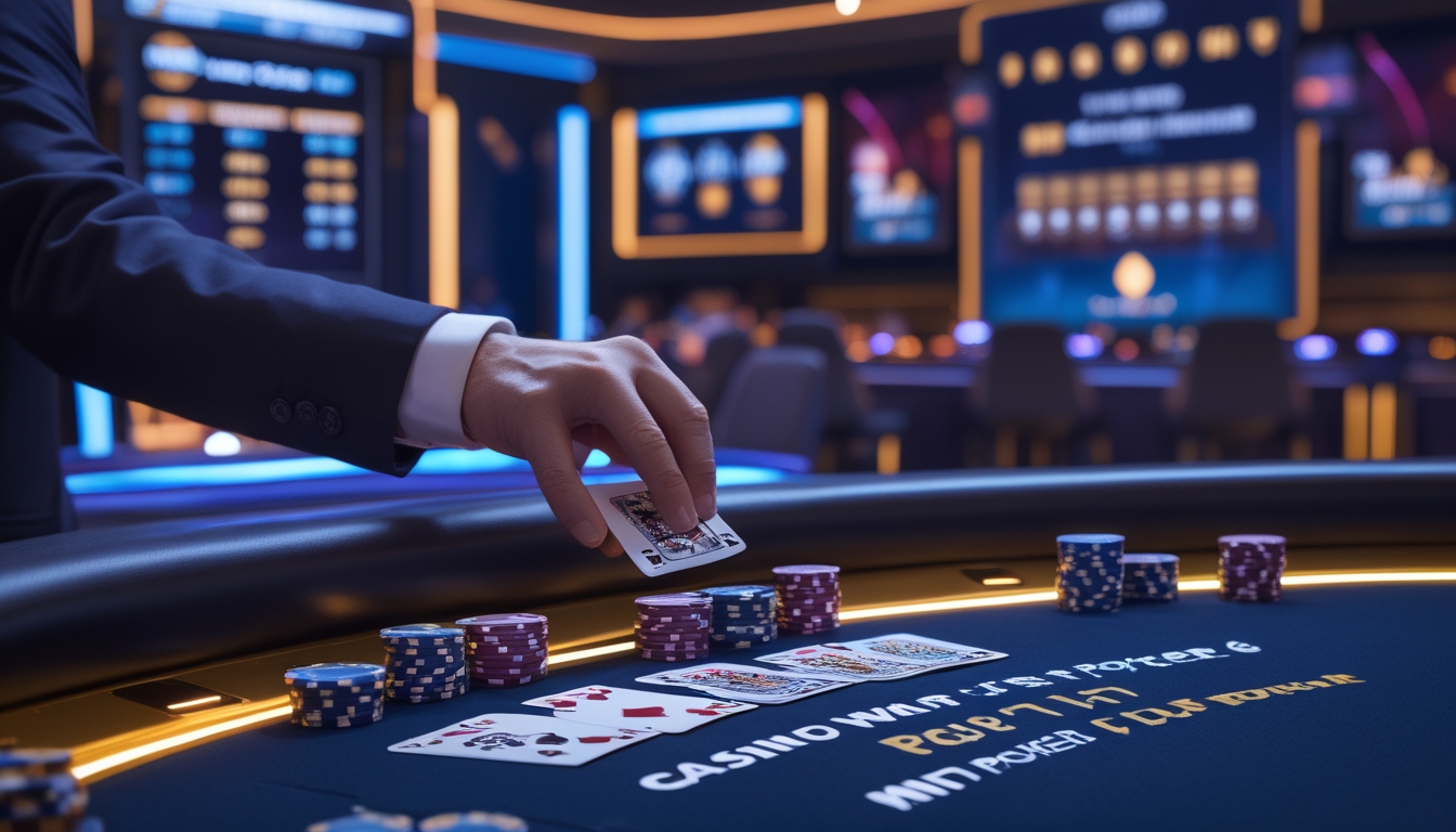 Meja poker modern dengan kartu dan chip, dealer sedang membagikan kartu di kasino yang terang dan canggih.