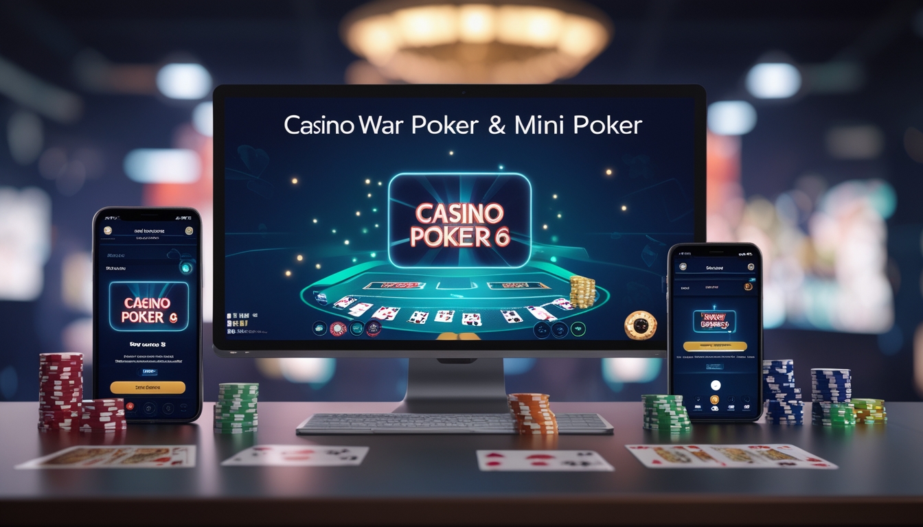 Sebuah setup permainan kasino online dengan monitor menampilkan kartu poker dan chip, serta smartphone yang menunjukkan permainan poker mini.