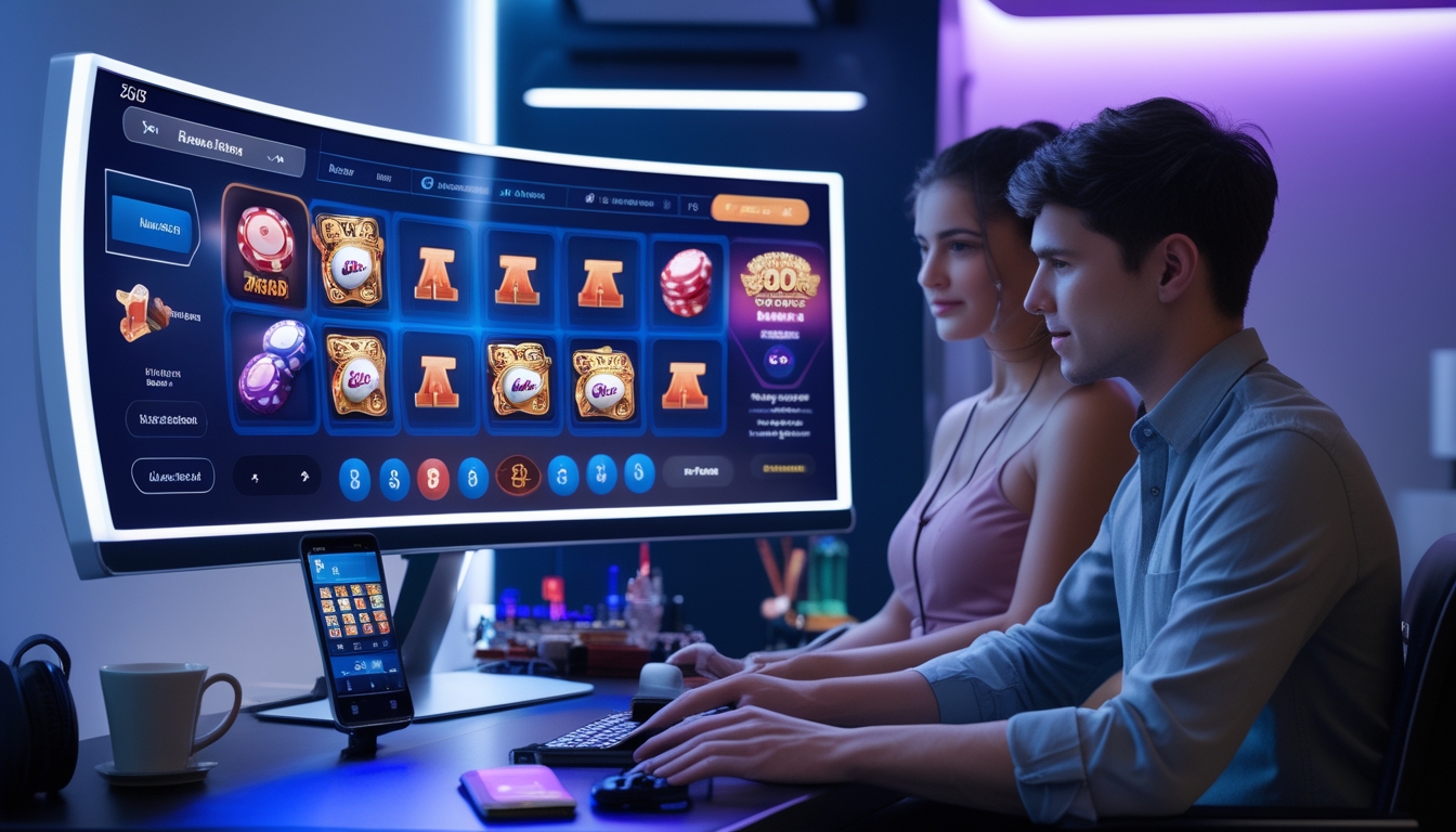 Dua orang muda sedang menggunakan komputer dengan tampilan permainan judi online di ruangan modern dan terang.
