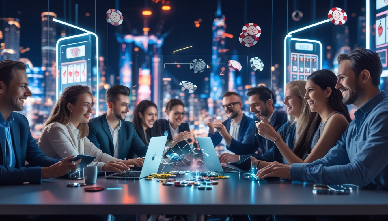 Beberapa orang sedang bermain permainan kasino online menggunakan laptop dan ponsel di lingkungan modern dengan latar kota malam yang penuh lampu neon.