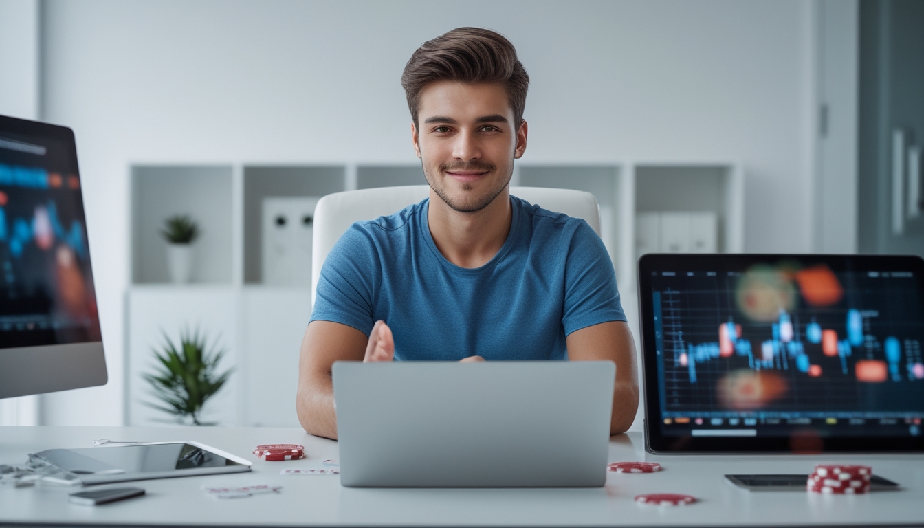 Seorang dewasa muda duduk di meja modern dengan laptop dan ponsel, fokus pada aktivitas judi online di lingkungan rumah yang rapi dan terang.