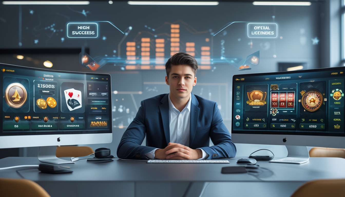 Seorang dewasa muda duduk di depan beberapa monitor komputer dengan tampilan permainan kasino online yang cerah dan grafik data di latar belakang.