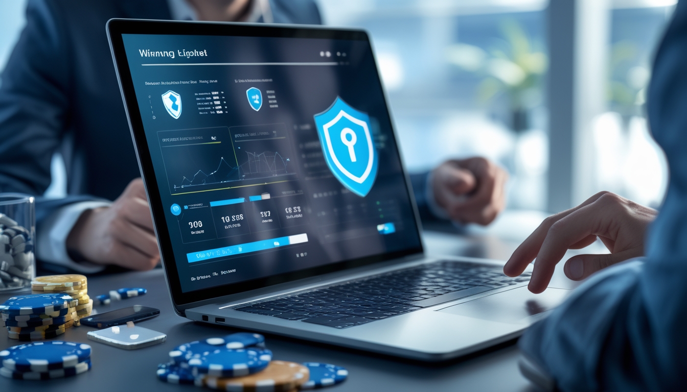 Seorang pengguna laptop sedang mengakses platform judi online yang menampilkan grafik dan indikator kemenangan, dengan elemen keamanan seperti ikon perisai dan gembok digital di sekitarnya.